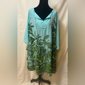Ruby Rd Paradise Palms Tunic Women Aqua and Green Pullover Blouse
